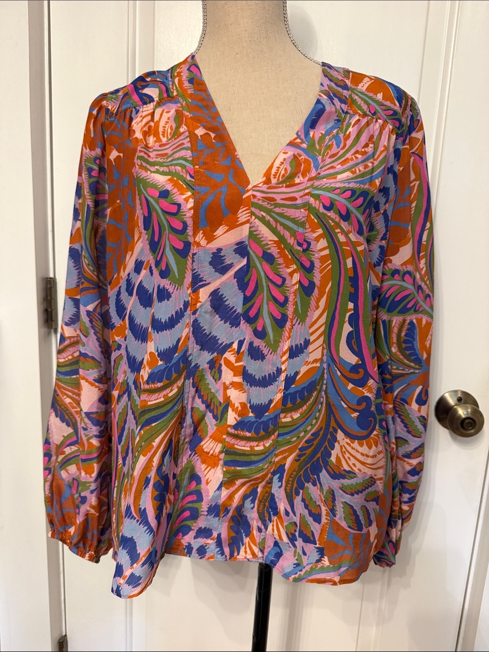 CABALLERO ANTHROPOLOGIE TOP BLOUSE GREEN PINK BLUE FLORAL V-NECK SIZE S